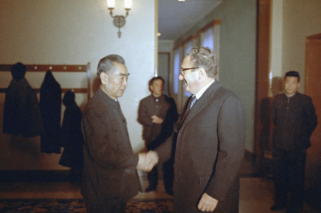 Secretary of State Henry Kissinger greets China’s Premier Zhou Enlai before the start of their meeting in Beijing, Nov. 12, 1973. (Harvey Georges/AP)