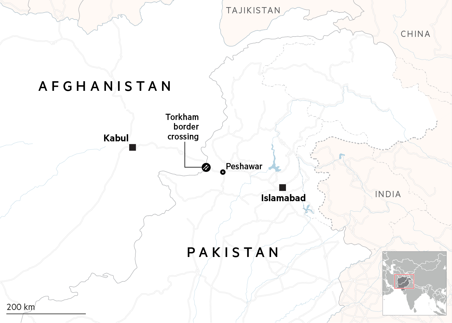 Map of Pakistan and Afghanistan showing the Torkham border crossing