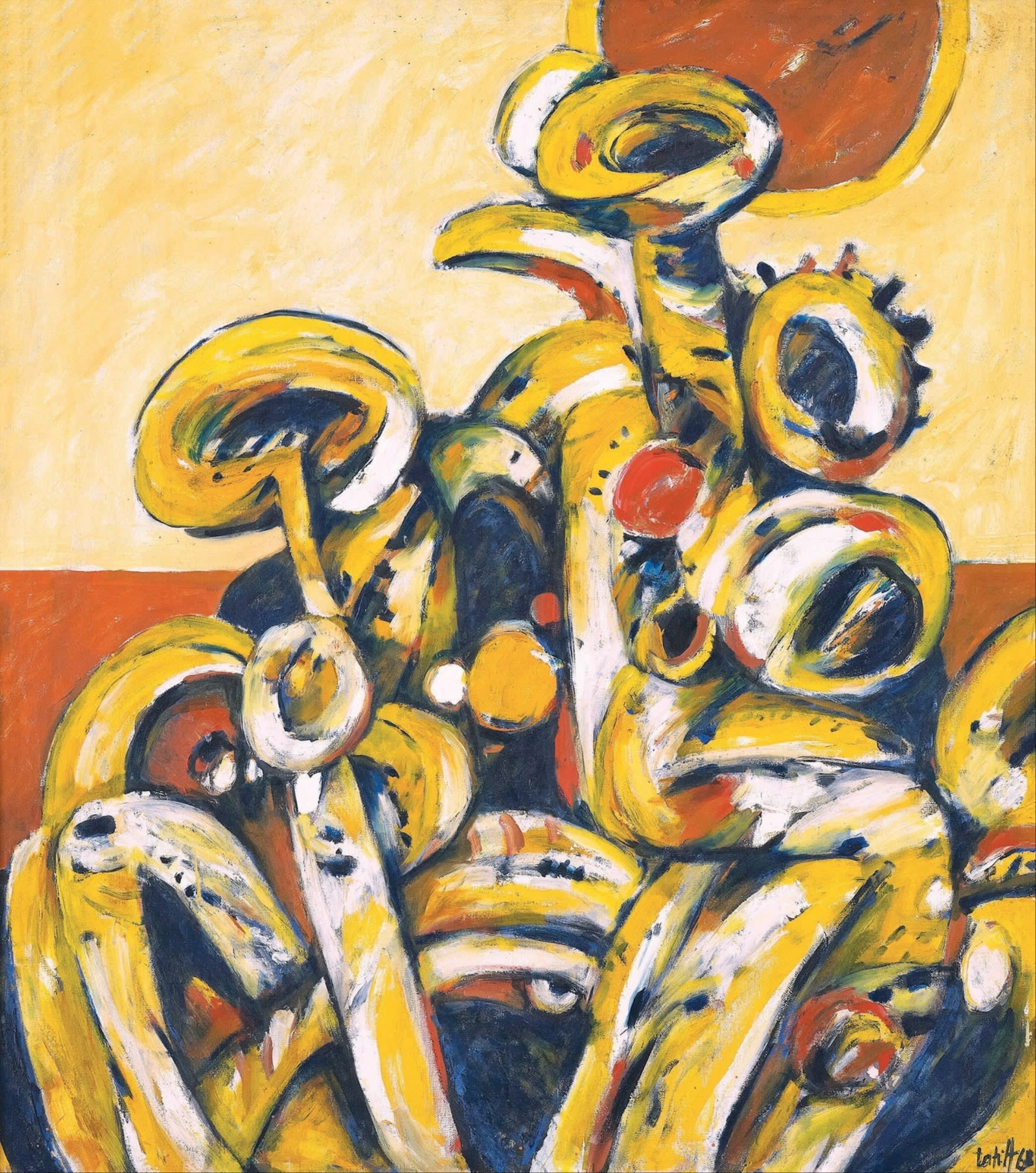 Imagine lots of loosely painted trumpets poking up and winding around each other