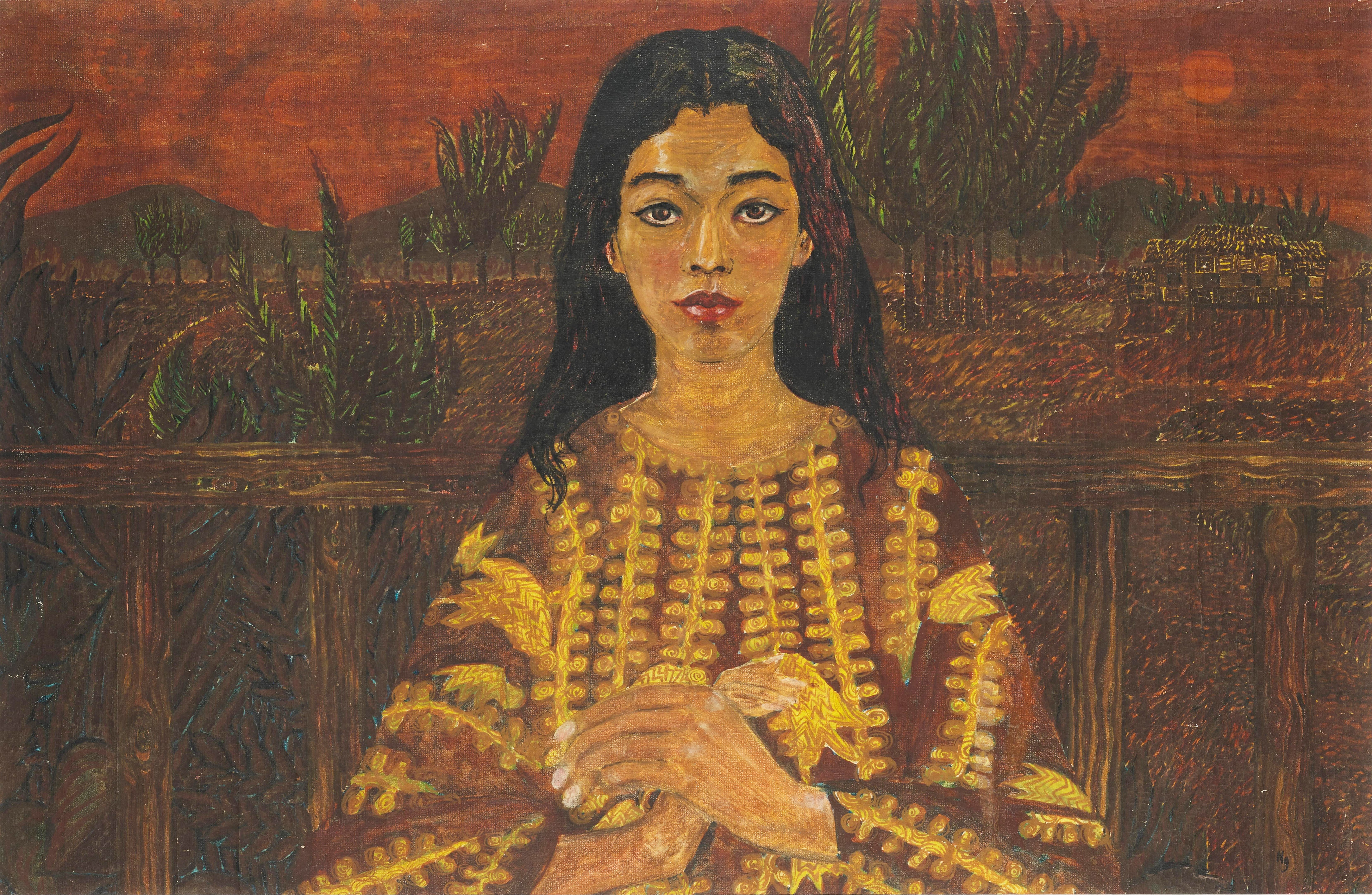 A woman with long dark hair and a brown caftan with yellow details looks knowingly at the viewer