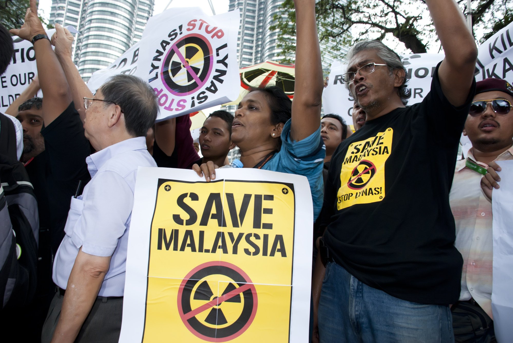 A protest in front of Petronas Twin Towers, Kuala Lumpur, in 2011 against the proposed Lynas rare earth plant to be built in Gebeng. Photo: Shutterstock