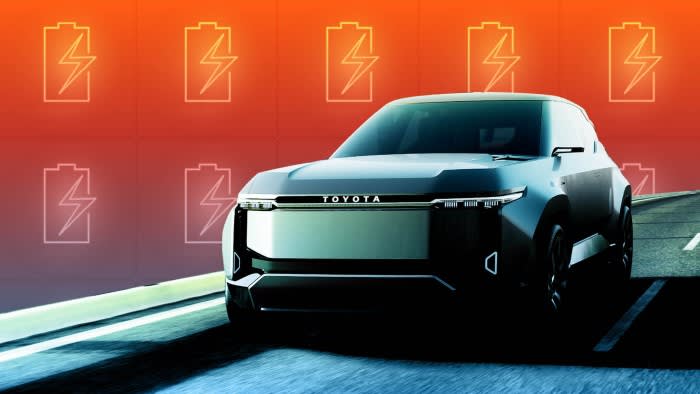 Toyota’s Land Cruiser SE concept car, unveiled this month, against a background of battery icons