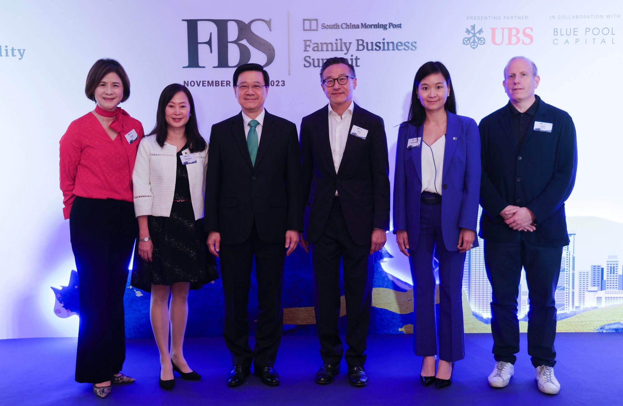 (Left to right): UBS’ co-head of Asia-Pacific Wealth Management Amy Lo, the Post Editor-in-Chief Tammy Ta, Hong Kong’s Chief Executive John Lee Ka-chiu, Alibaba Group Holding’s Chairman Joe Tsai, the Post’s chief executive Catherine So, and Blue Pool Capital’s chief executive officer Oliver Weisberg, at the inaugural Family Business Summit organised by the Post and Blue Pool, with the support of UBS, on November 13, 2023. Photo: May Tse