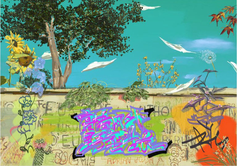 ENG_CHN_WhitePaperAnniversary_11252023.5.jpeg An illustration in the first issue of the magazine represents each member of the Mang Mang team as a plant. The spirit of the magazine is written on the wall: "Inside and outside the high walls, wild growth." Credit: Mang Mang