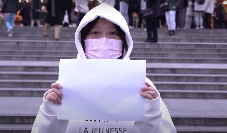 ENG_CHN_WhitePaperAnniversary_11252023.2.jpg Apple, a member of the dissident group China Deviants, organized a rally in London this week to mark the one-year anniversary of the White Paper resistance. Credit: Shi Shi