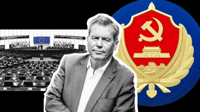 Composite image of Frank Creyelman, the EU parliament in Brussels and the symbol of the China Ministry of State Security