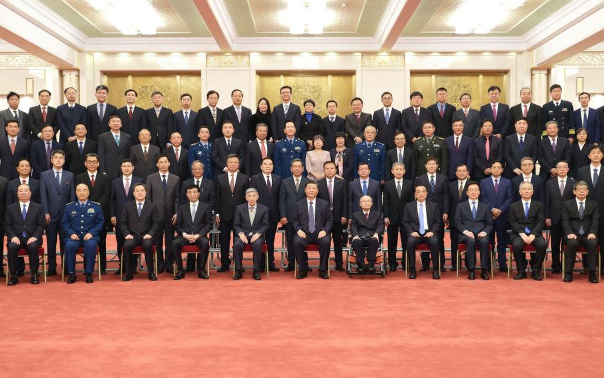 All the winners in 2021, shown with Chinese President Xi Jinping, centre front. The National Science and Technology Awards were put on hold for the last two years but are now set to return. Photo: Xinhua