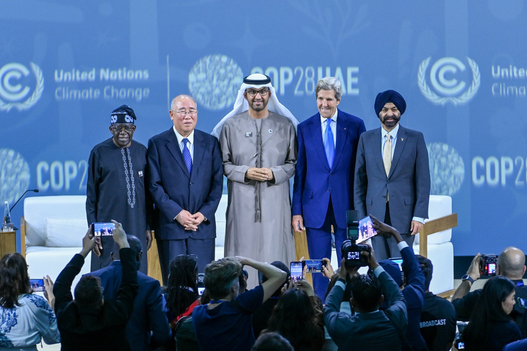 Xie Zhenhua and his US counterpart John Kerry with other dignitaries at Cop28. Photo: dpa