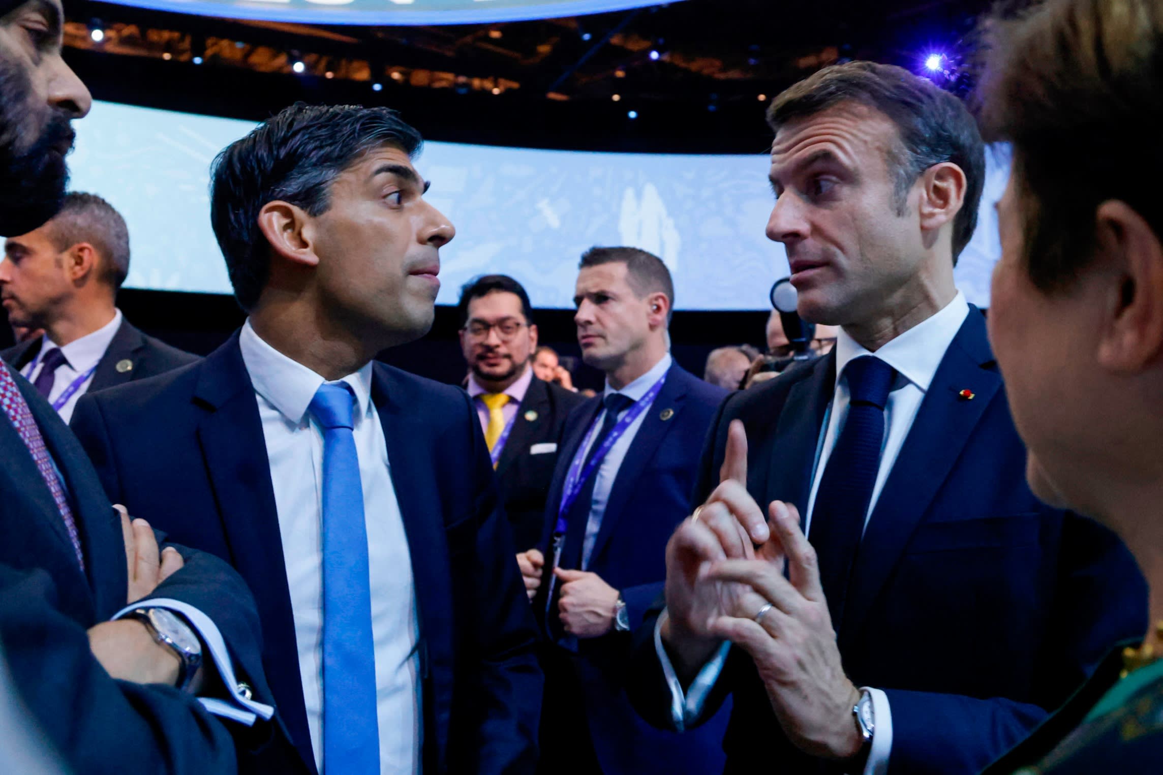French president Emmanuel Macron, right, with British prime minister Rishi Sunak during the Transforming Climate Finance session at COP28