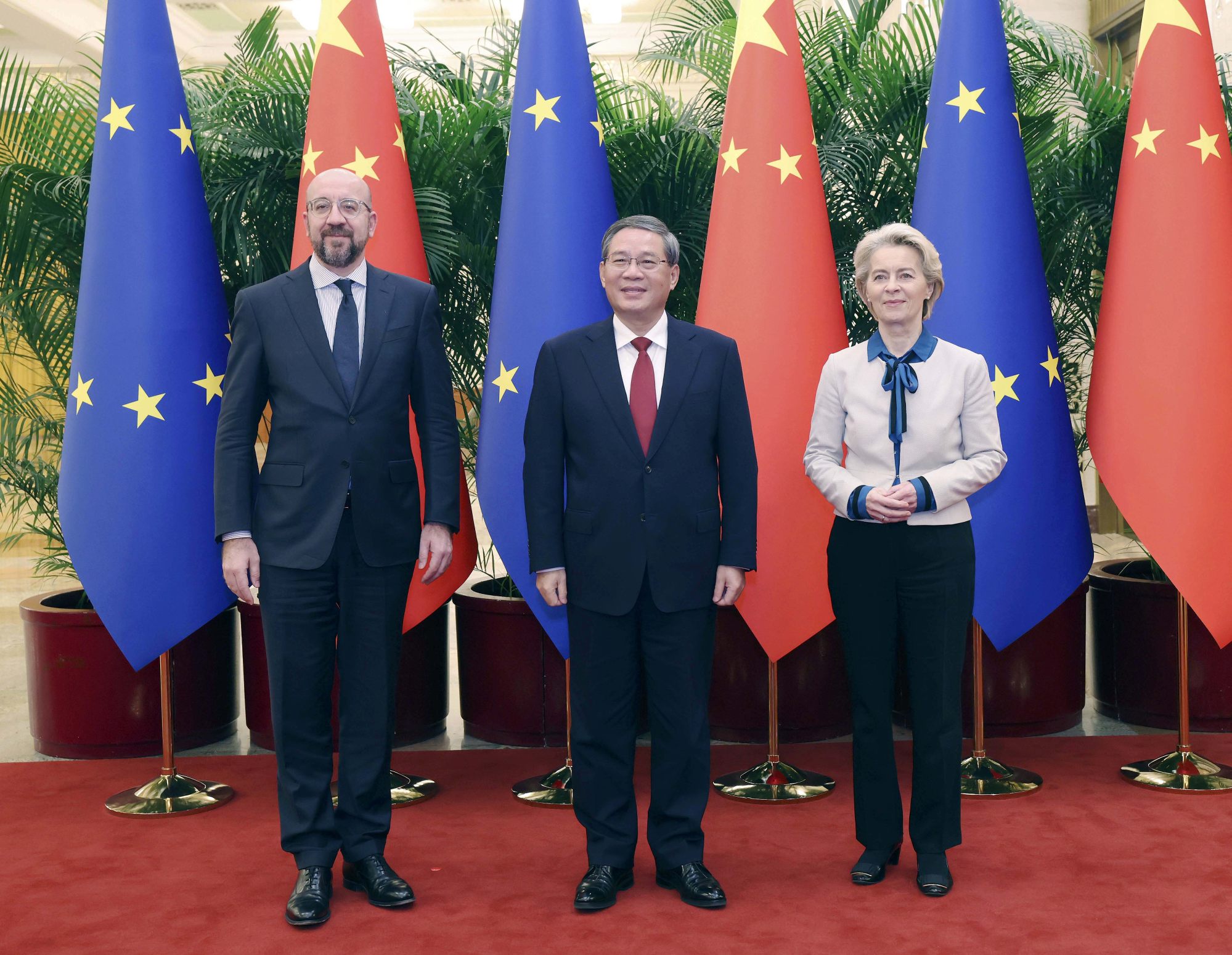 European Council President Charles Michel, Chinese Premier Li Qiang and European Commission President Ursula von der Leyen at the Great Hall of the People in Beijing. Photo: Xinhua