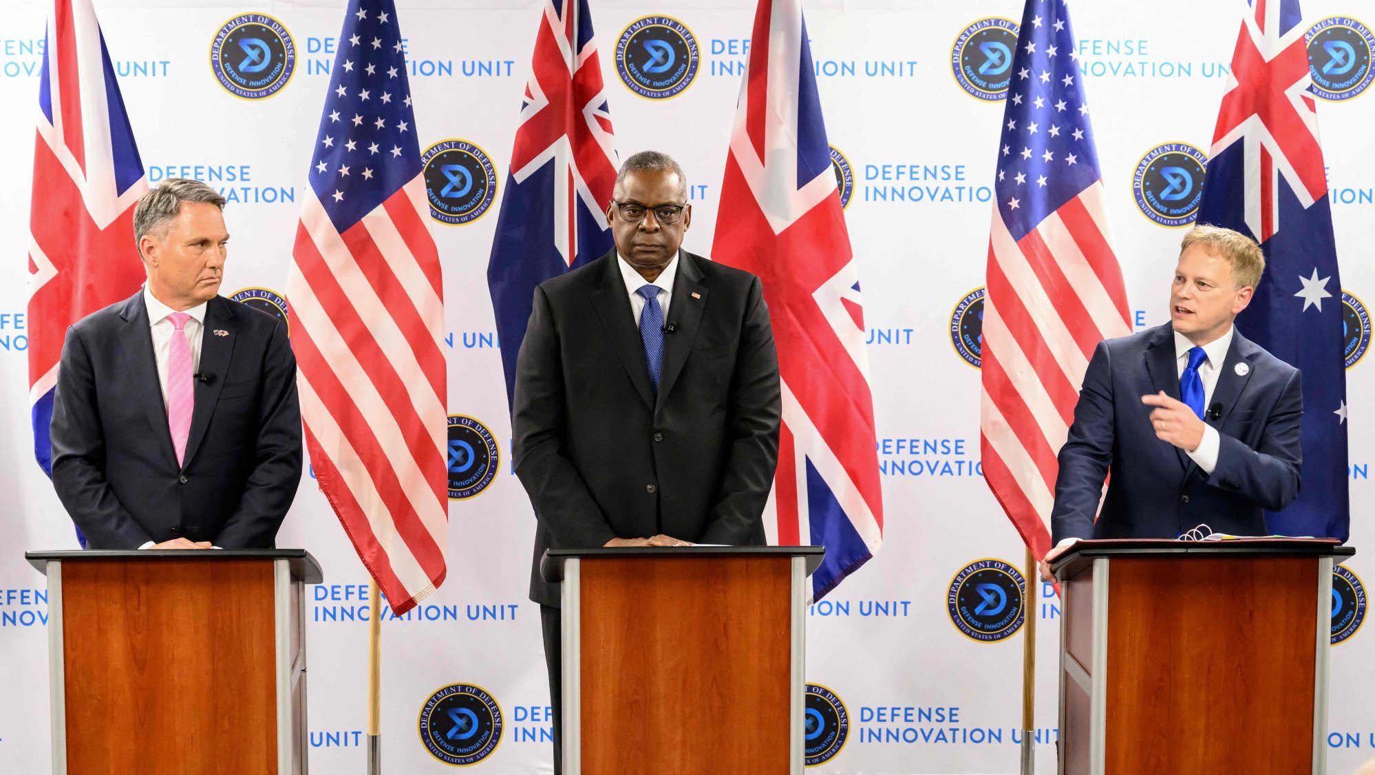 From left, Australian Defence Minister Richard Marles, US Defence Secretary Lloyd Austin and British Defence Secretary Grant Shapps in a news conference at an Aukus meeting in Mountain View, California, on December 1. Photo: AFP