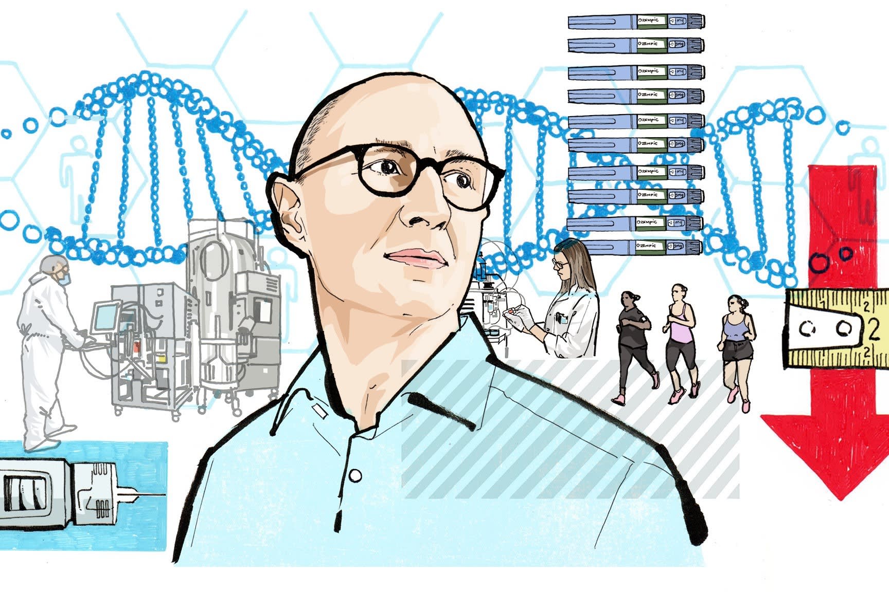 Illustration of Lars Fruergaard Jørgensen of Novo Nordisk, along with a double helix, people exercising, research equipment and a tape measure