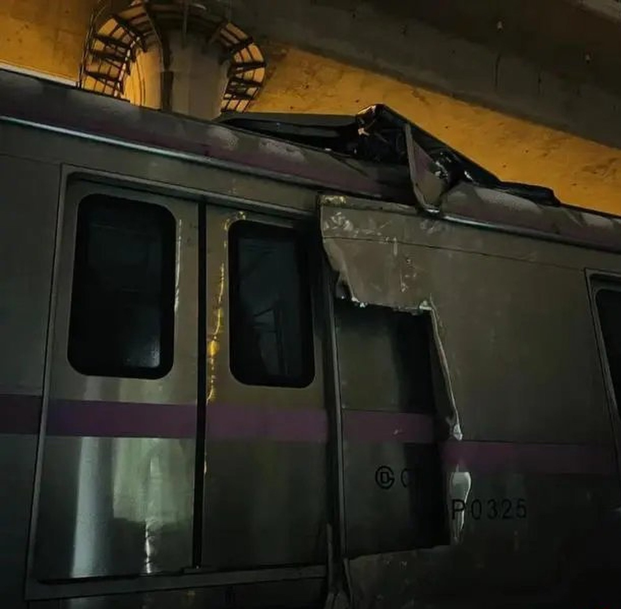 Part of the damaged commuter train on Beijing Subway’s Changping line on Thursday. Photo: Weibo