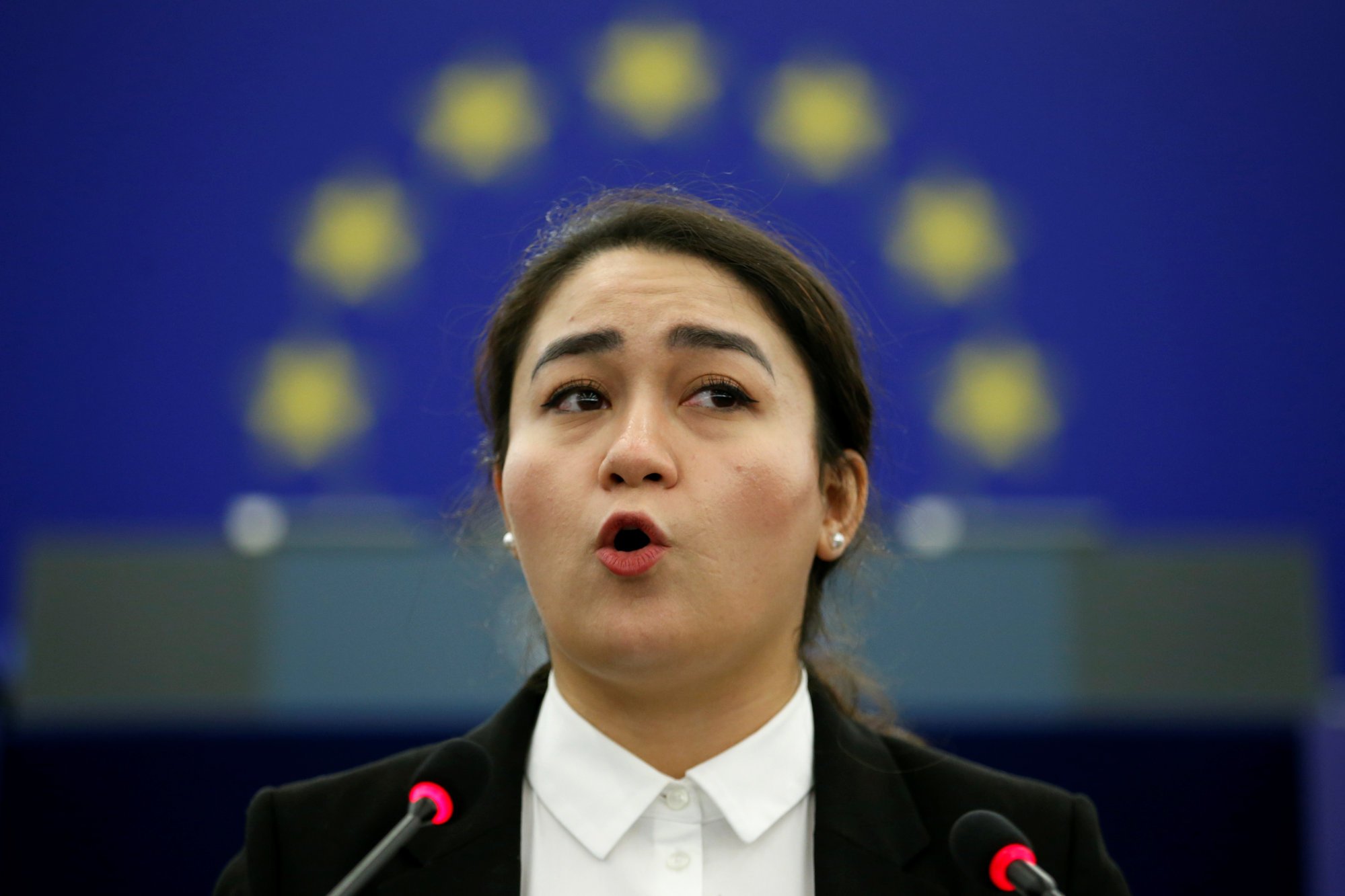 Jewher Ilham speaking, speaking during the award ceremony for Ilham Tohti’s 2019 EU Sakharov Prize at the European Parliament in Strasbourg, France, in 2019. Photo: Reuters