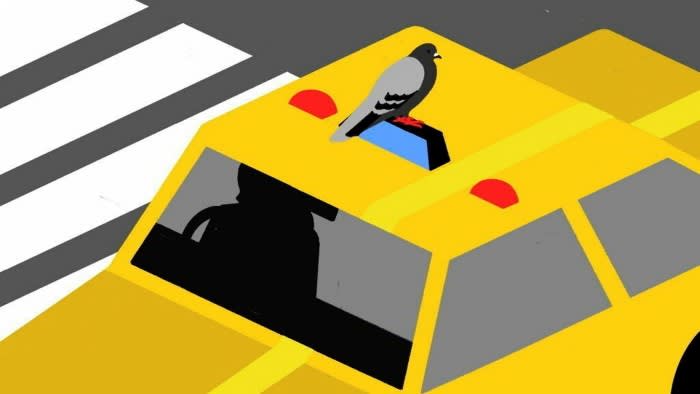 Illustration of a pigeon standing on top of a yellow taxi.