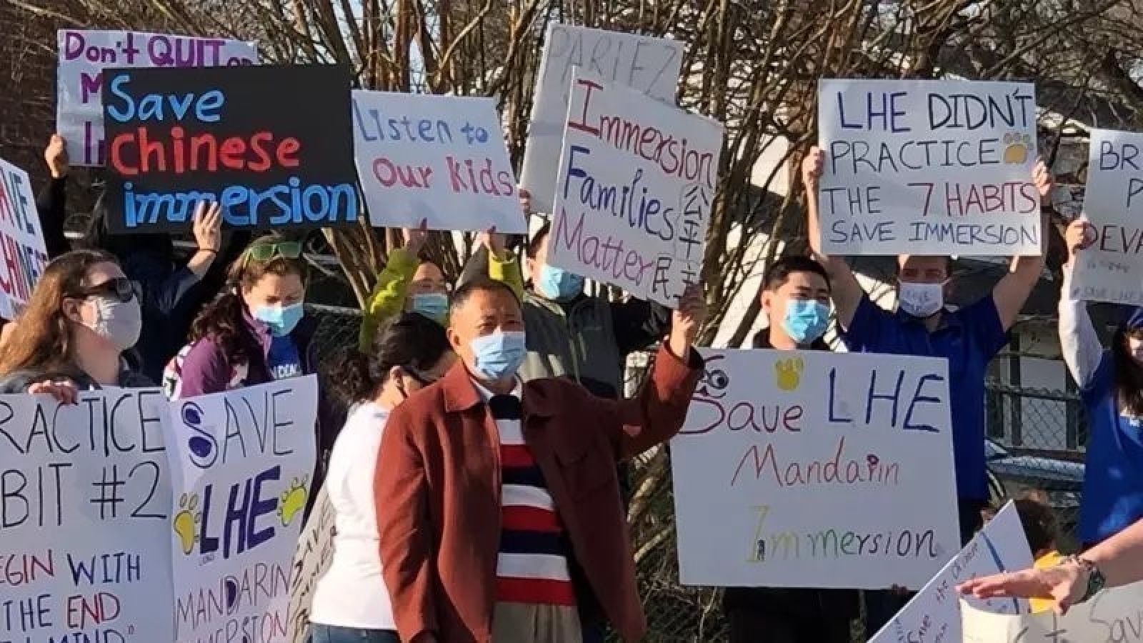 Parents and students protesting the planned closure of Linden Hill Elementary School’s Chinese immersion programme in Wilmington, Delaware, in March 2021. Photo: Change.org