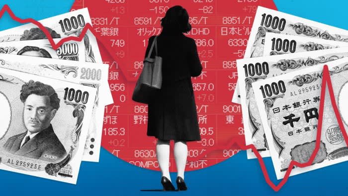Montage image of a woman looking at market data and Japanese yen