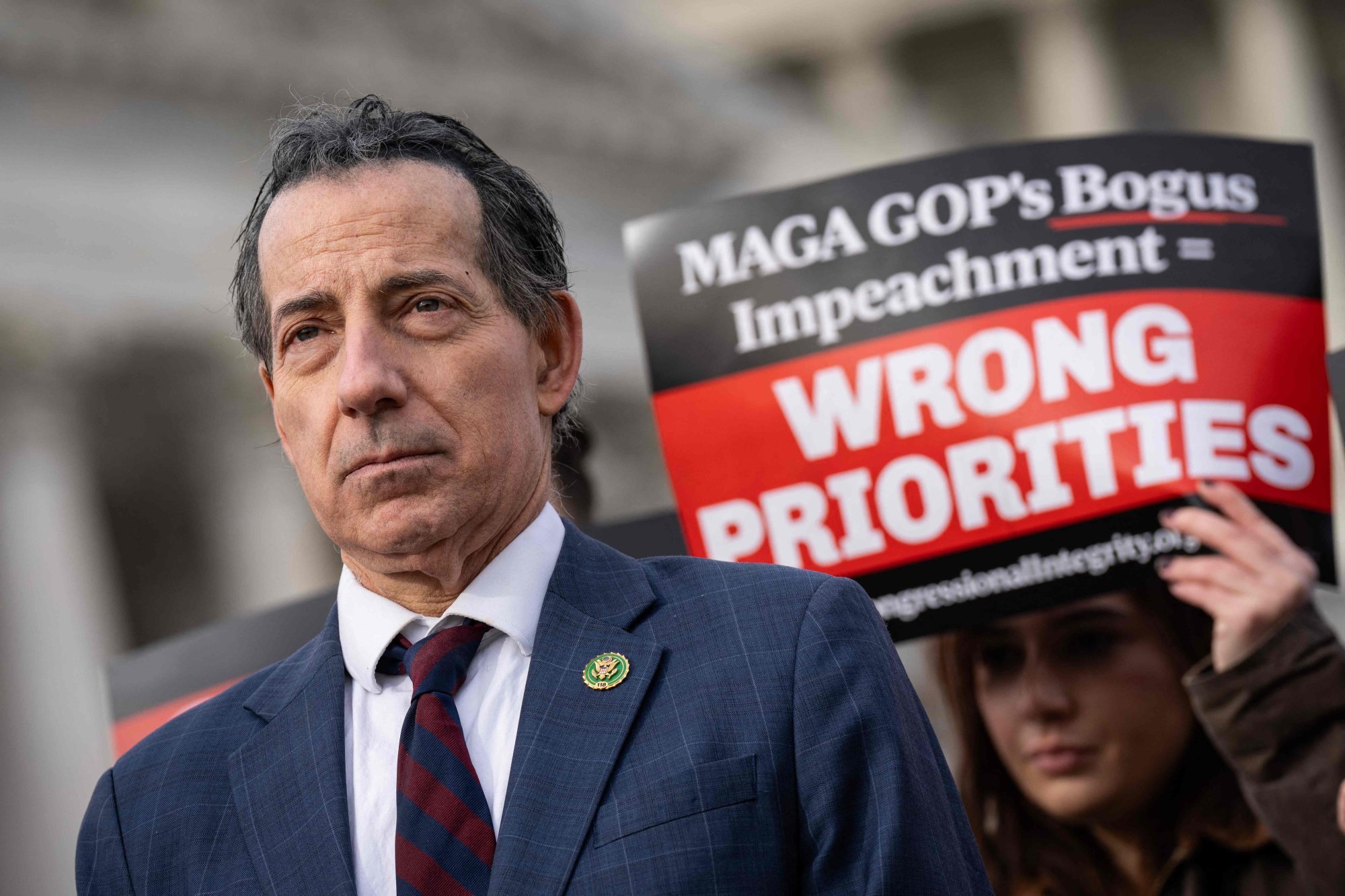 US Representative Jamie Raskin, a Democrat from Maryland, speaks out against Republican efforts to open a Biden impeachment inquiry outside the Capitol on Wednesday. Photo: Getty Images via AFP