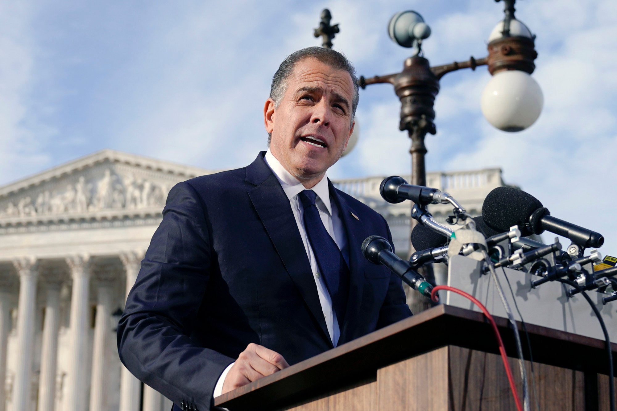 Hunter Biden, son of President Joe Biden, speaks outside the US Capitol on Wednesday. He lashed out at Republican investigators who have been digging into his business dealings, insisting that he will testify only before a congressional committee in public. Photo: AP