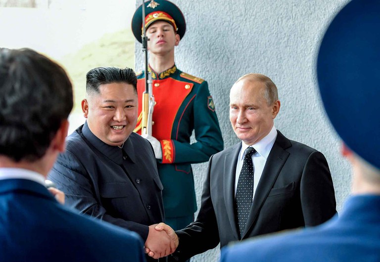 russia-north-korea-04.jpg Russian President Vladimir Putin and North Korean leader Kim Jong Un shake hands during their meeting in Vladivostok, Russia, April 25, 2019. Credit: Yuri Kadobnov/Pool via AP