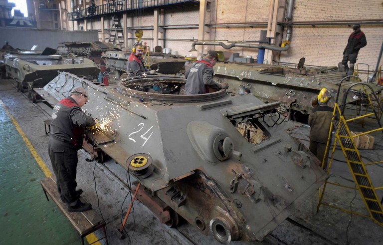 russia-tank.jpg Workers at the 61st Armored Vehicle Repair Plant renovate T-34 tanks handed over by Laos to Russia, in Strelna outside St. Petersburg on Feb. 25, 2020. Credit: Olga Maltseva/AFP