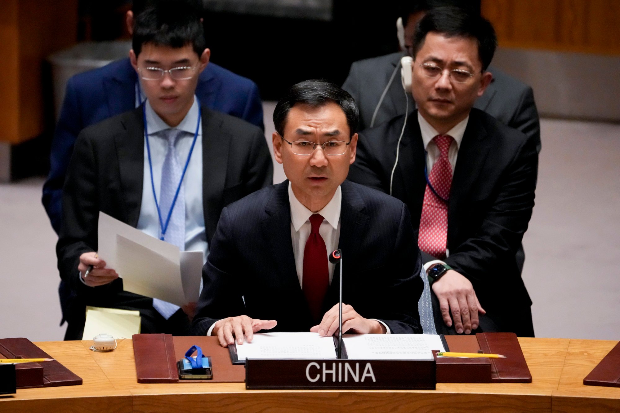 Geng Shuang, China’s deputy ambassador to the UN, speaks during a Security Council meeting in New York in March. Photo: UN