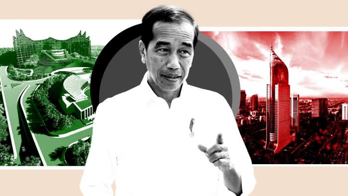 A design illustration of Indonesia’s future presidential palace in East Kalimantan, as part of the country’s relocation of its capital from slowly sinking Jakarta. An Asian man in a white shirt stands with the Jakarta skyline in the background