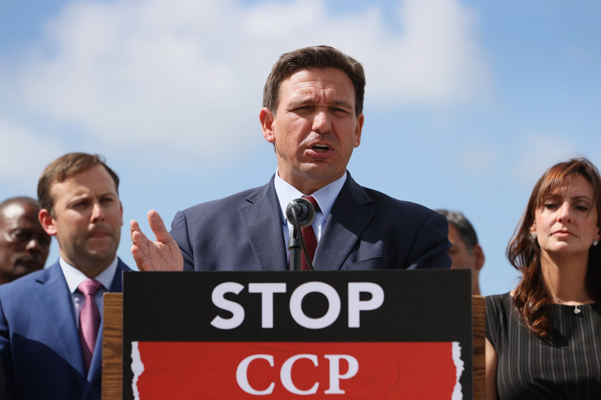 DeSantis speaking on June 7, 2021, in Miami, about two bills he signed to combat foreign influence and corporate espionage by governments like China. Photo: Getty Images