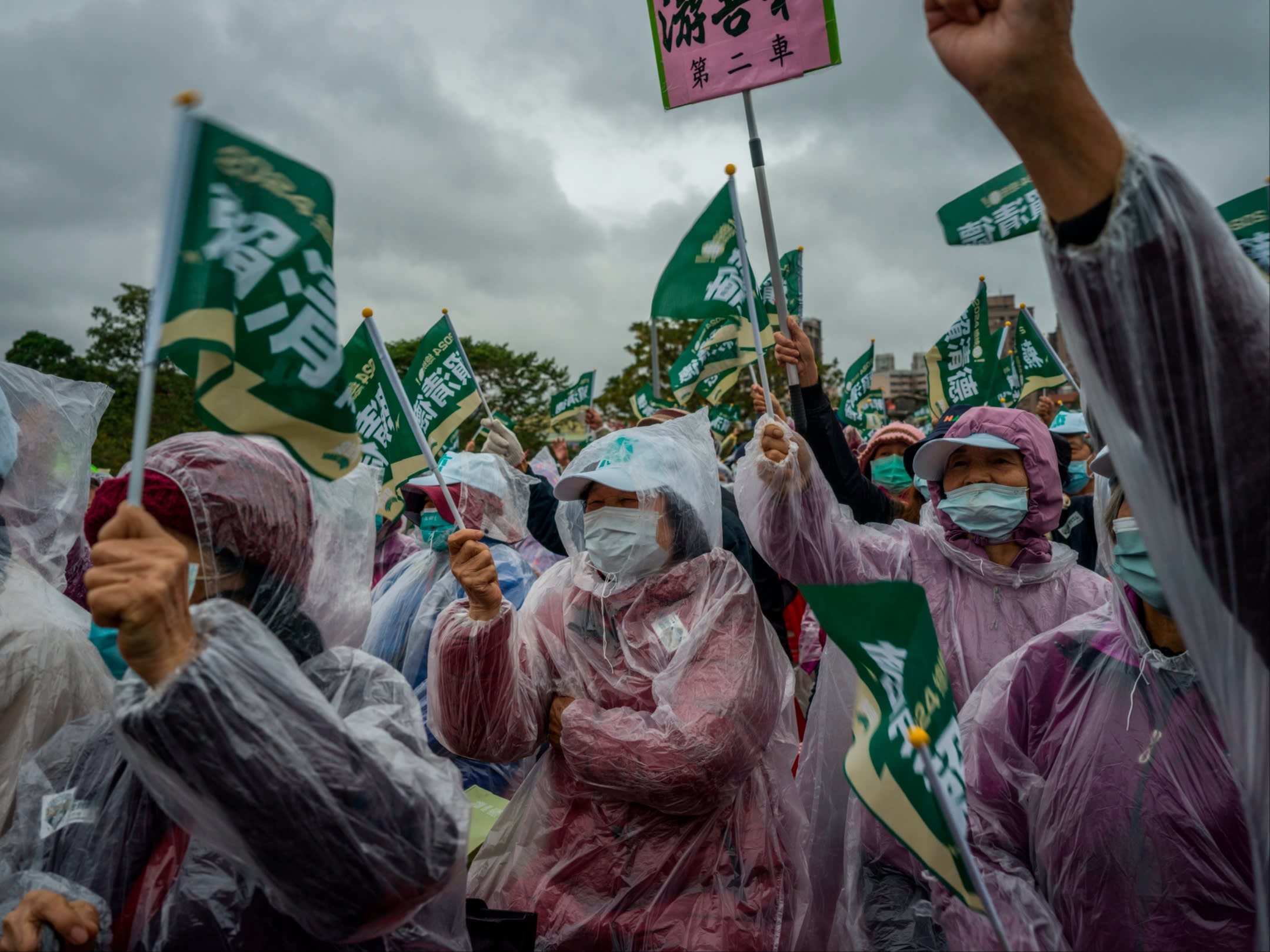 A crowd of people wearing plastic macs wave green flags