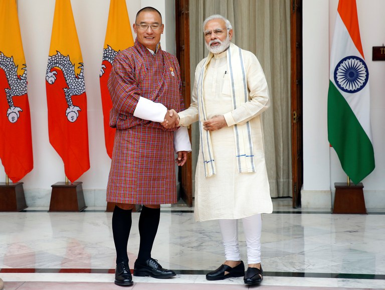 ENG_TIB_BhutanElectionsEconomy_01182024.3 (1).JPG Bhutan's Prime Minister Tshering Tobgay with his Indian counterpart Narendra Modi before their meeting at Hyderabad House in New Delhi, India, July 6, 2018. (Altaf Hussain/Reuters)