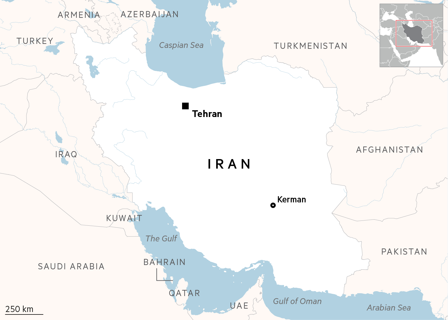 Map of Iran showing Kerman and Tehran
