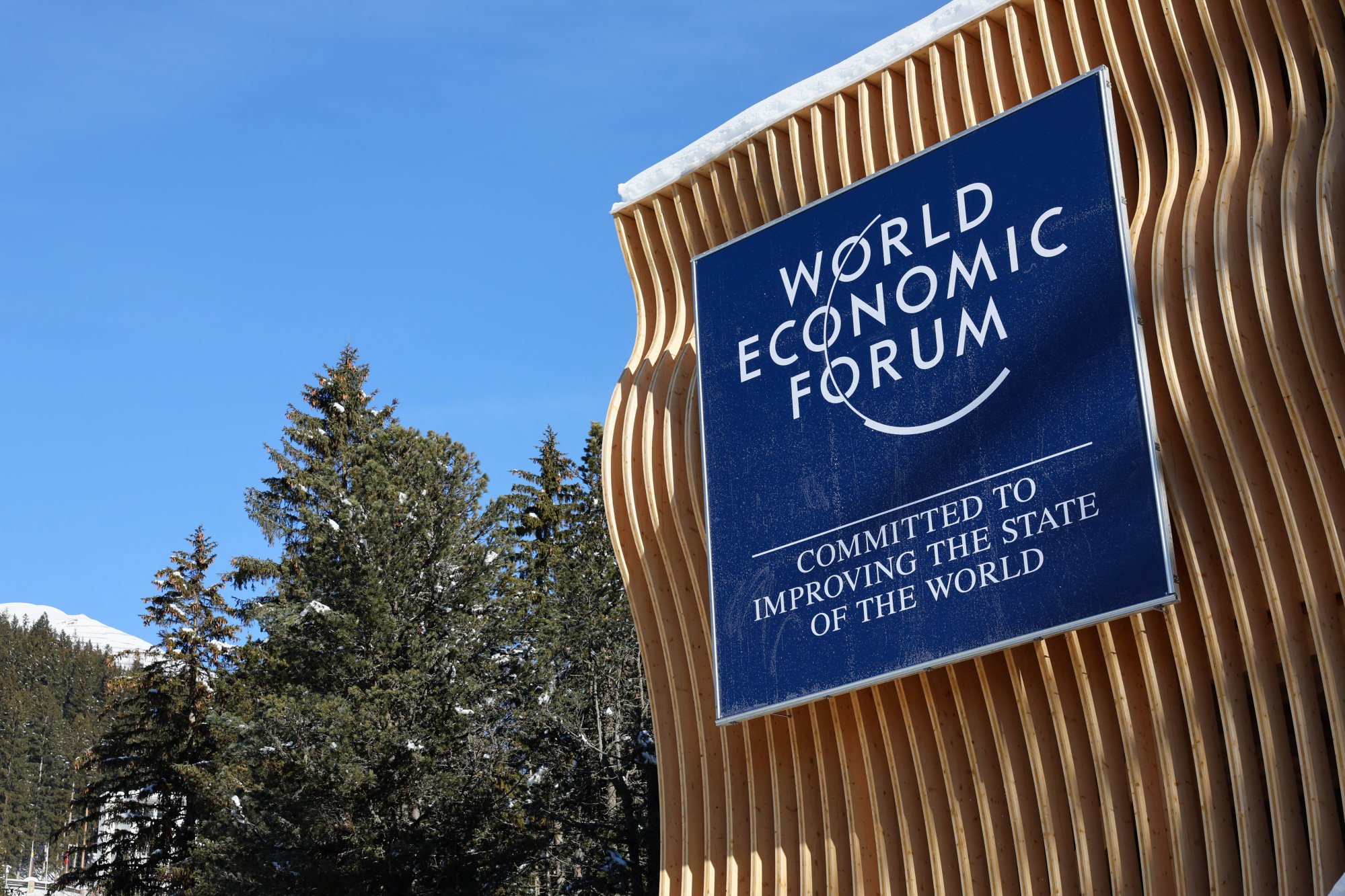 The logo of the World Economic Forum ahead of the annual meeting in Davos, Switzerland on Sunday. Photo: Reuters.