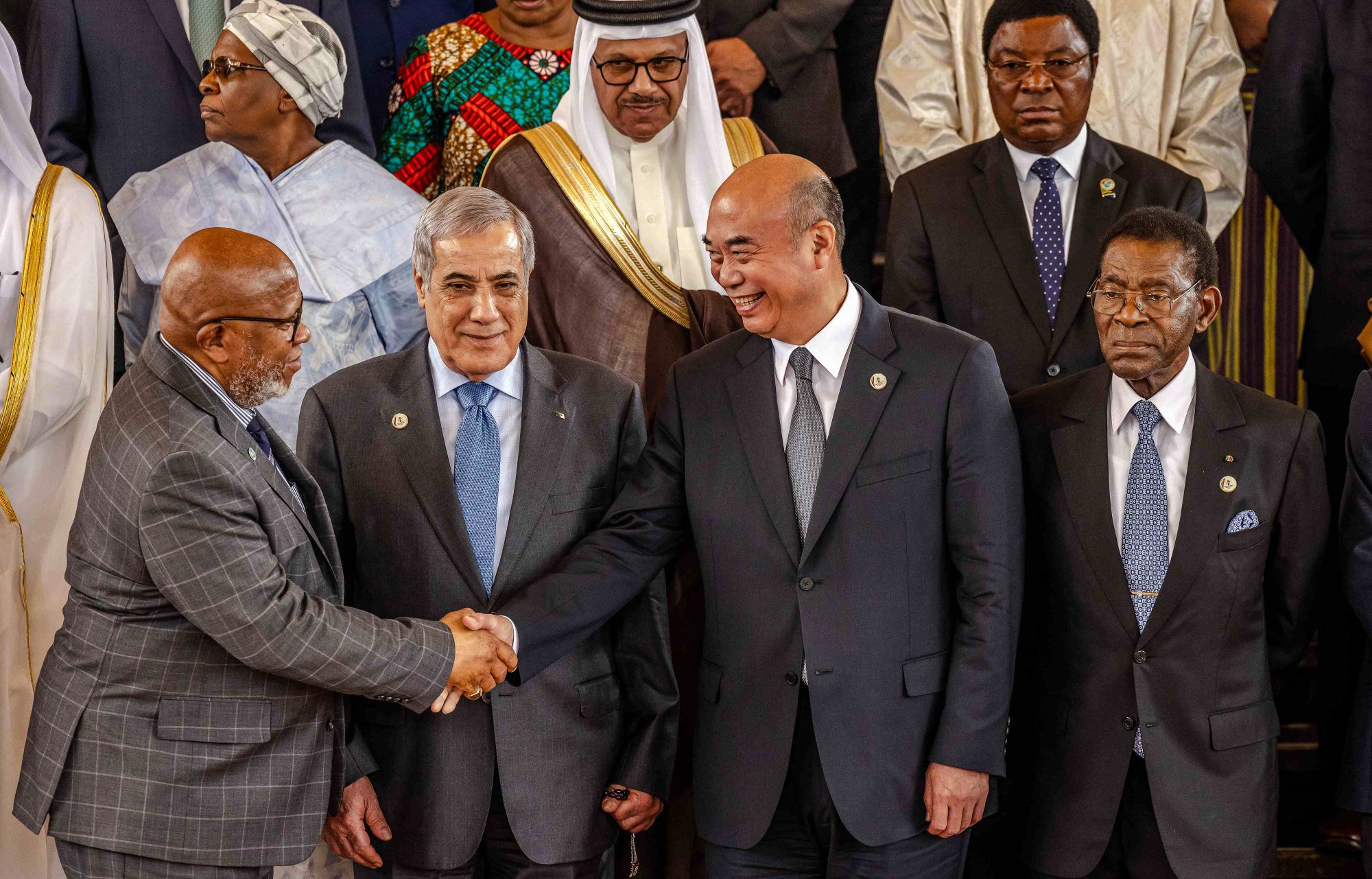 Front row, from left: Dennis Francis, president of the UN General Assembly, Algerian Prime Minister Nadir Larbaoui, Chinese Vice-Premier Liu Guozhong, and President of Equatorial Guinea Teodoro Obiang at the opening session of the G77 and China summit in Kampala. Photo: AFP