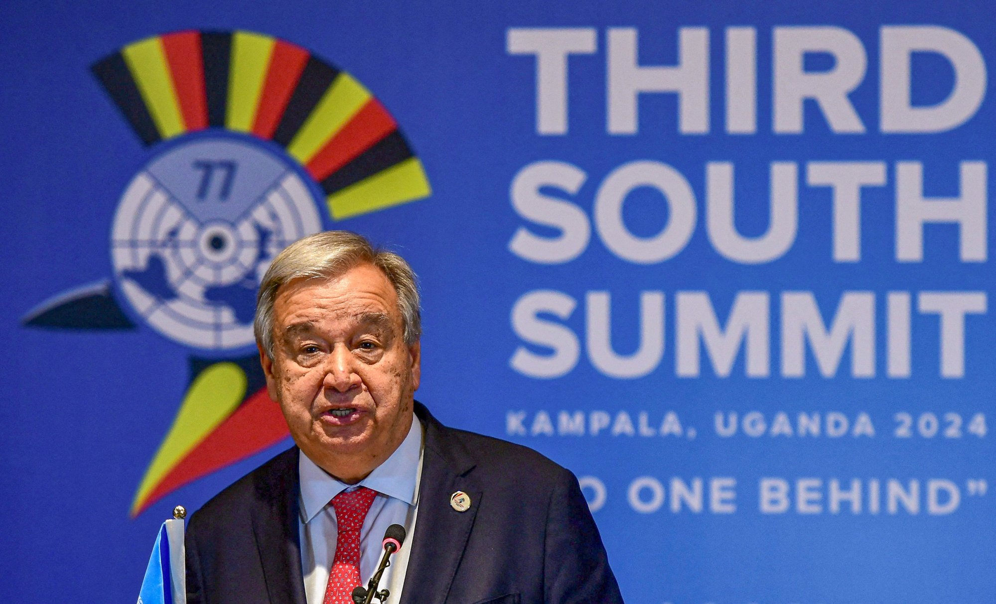 United Nations Secretary-General Antonio Guterres addresses delegates at the opening of the G77 plus China’s third South Summit in Uganda on Sunday. Photo: Reuters