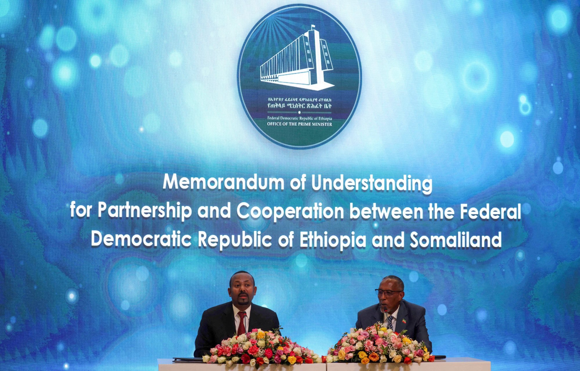 Somaliland President Muse Bihi Abdi and Ethiopian Prime Minister Abiy Ahmed at the signing of the Memorandum of Understanding on January 1, which has caused the controversy. Photo: Reuters