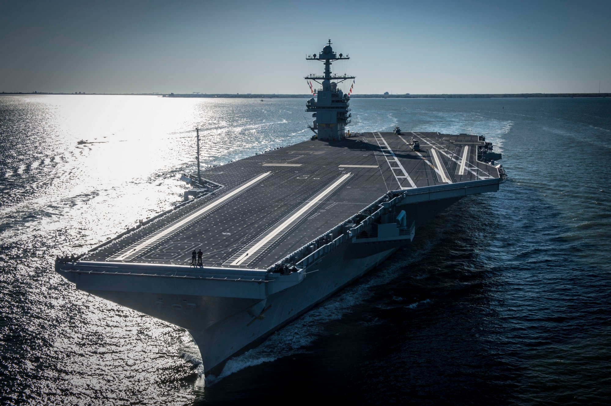 The USS Gerald R. Ford has a towering mast with an array of antennas and sensors. Photo: US Navy/AFP