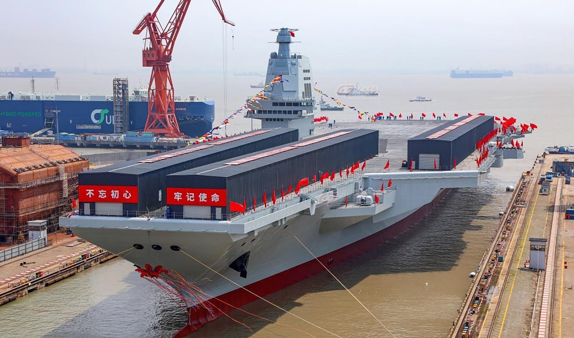 China’s third aircraft carrier was launched in 2022. In the image above, the electromagnetic catapults have been covered by temporary structures. Photo: Weibo