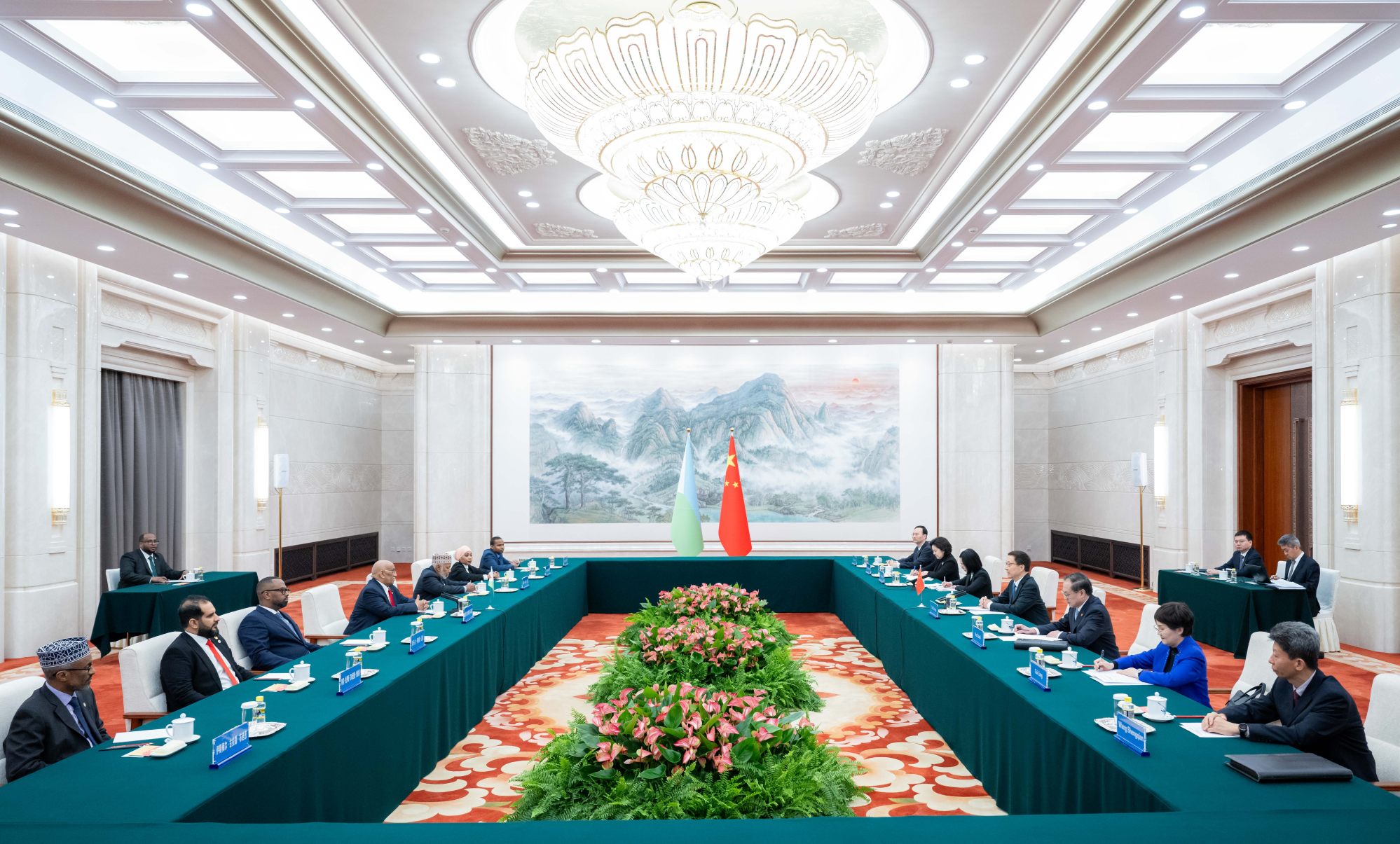 Chinese Vice-President Han Zheng and other Chinese officials hold talks with Djiboutian legislative speaker Dileita Mohamed Dileita and his delegation in Beijing. Photo: Xinhua