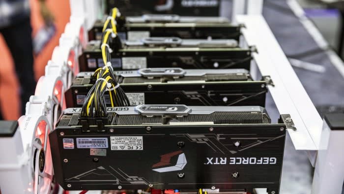 A cryptocurrency mining rig equipped with Nvidia’s GeForce graphics processing units