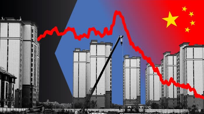 Montage of chart, China’s flag and buildings