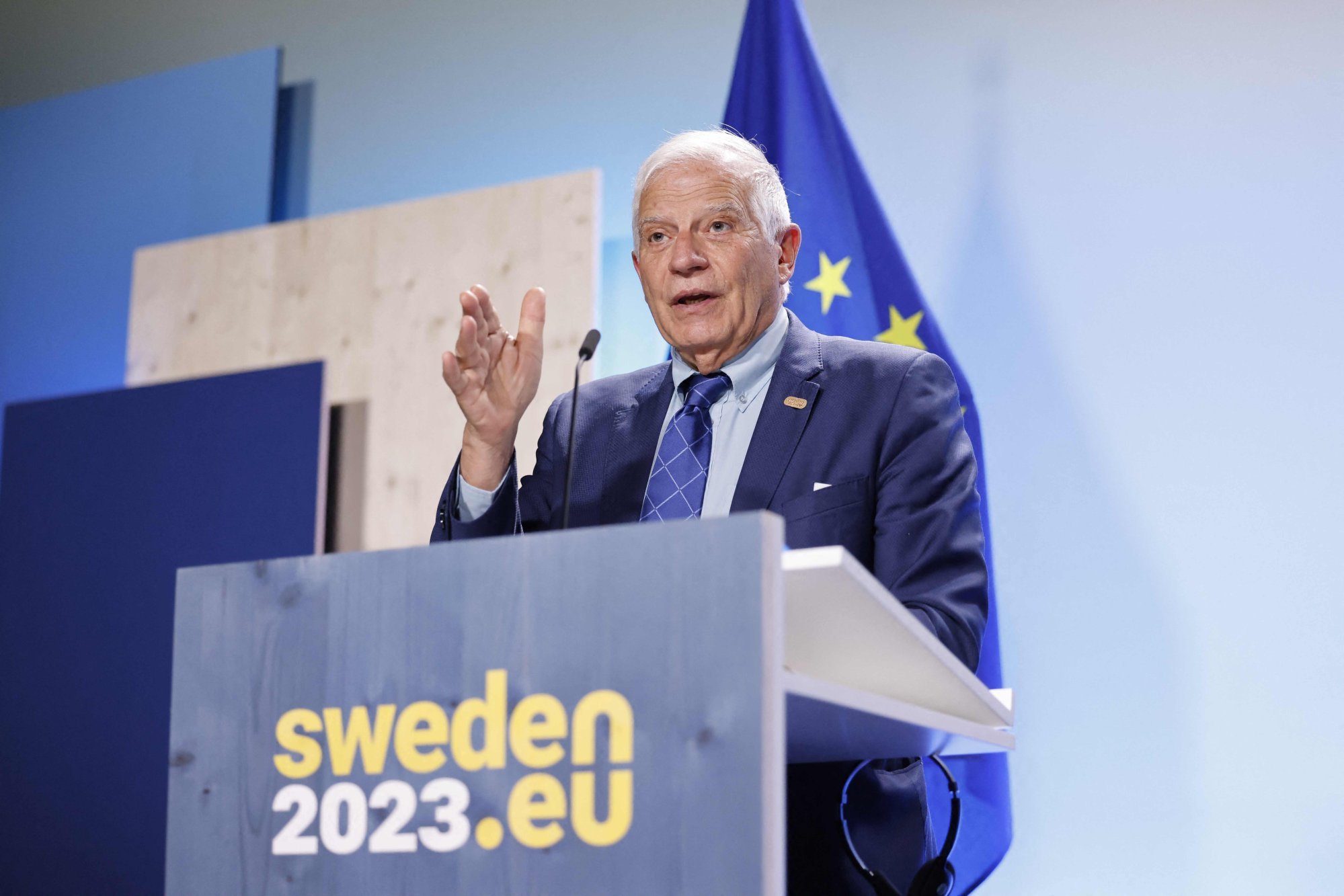 Josep Borrell, the EU’s foreign affairs chief, speaking after the EU Indo-Pacific Ministerial Forum in Stockholm on May 13, 2023. Photo: TT News Agency / AFP