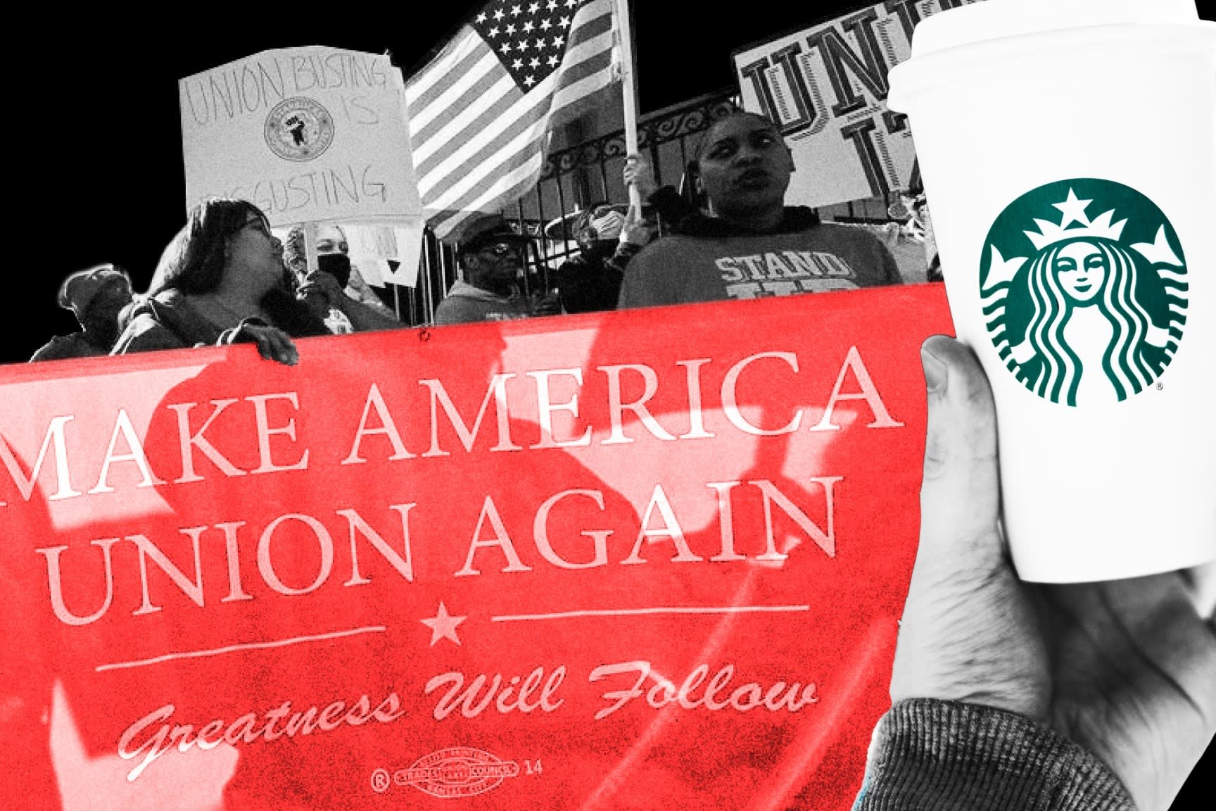 Montage image of a Starbucks coffee cup and a ‘Make America Union Again’ rally