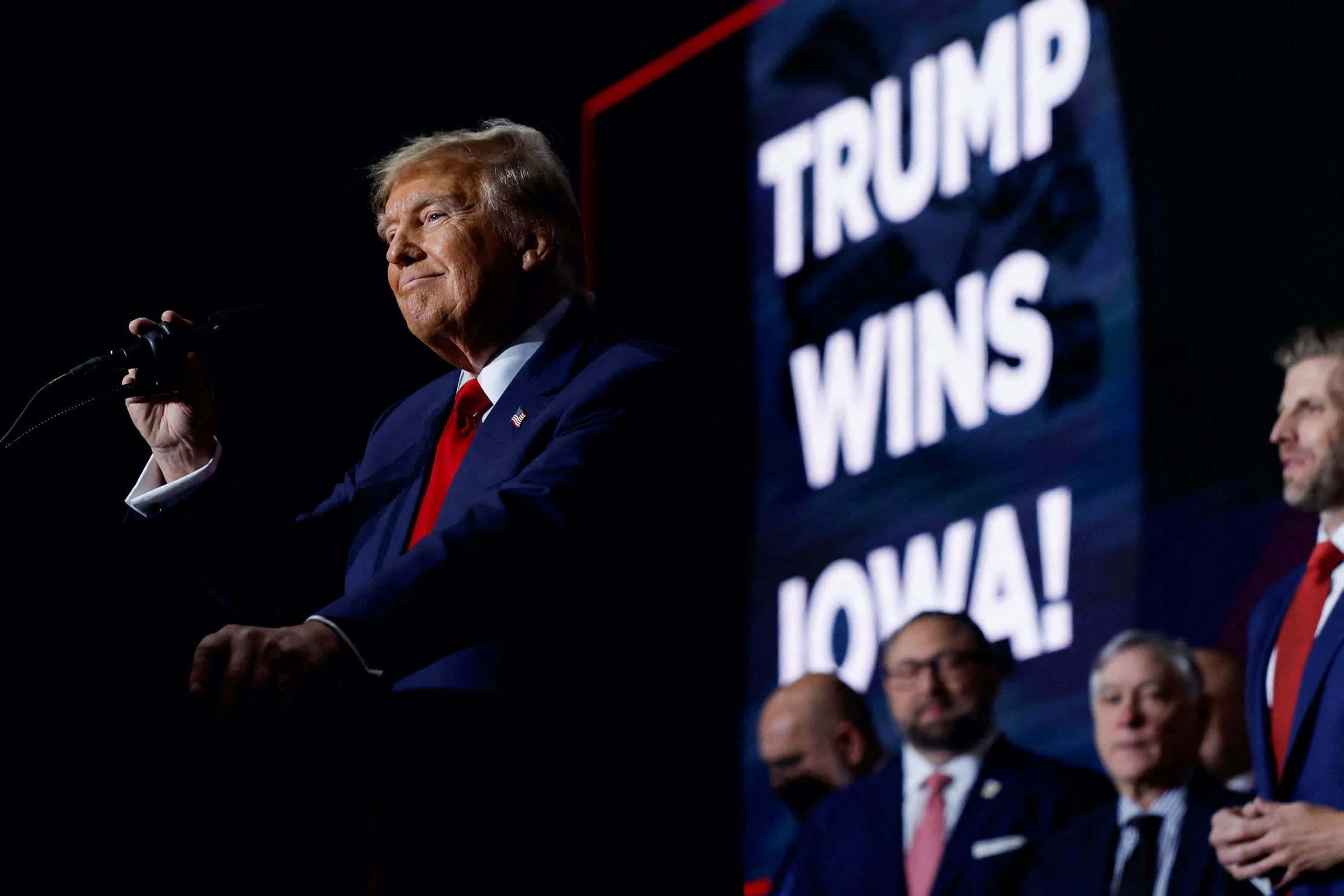 Donald Trump speaks during his Iowa caucus party on Monday