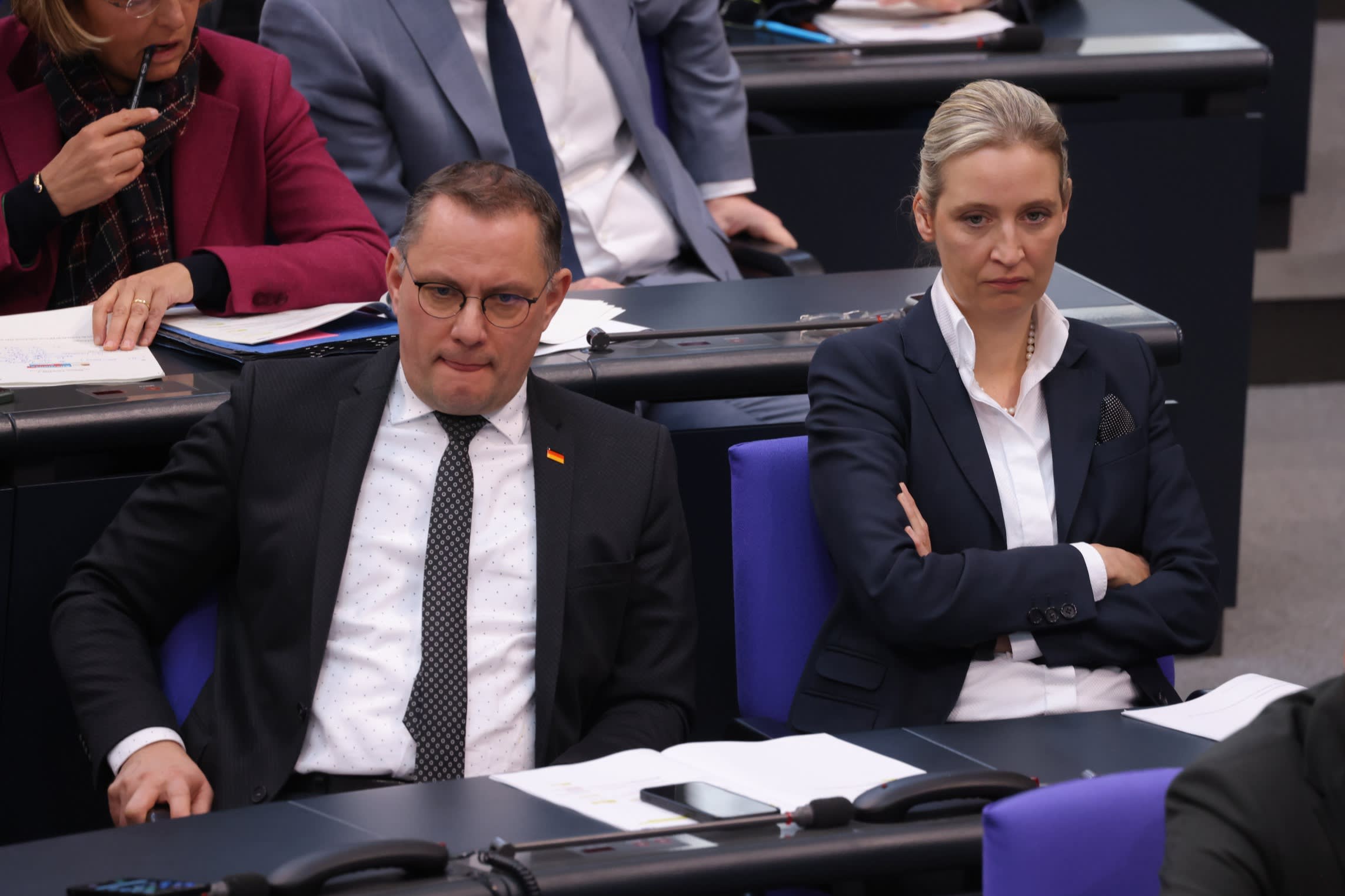 Tino Chrupalla, left, and Alice Weidel, co-leaders of the AfD at the Bundestag on Wednesday