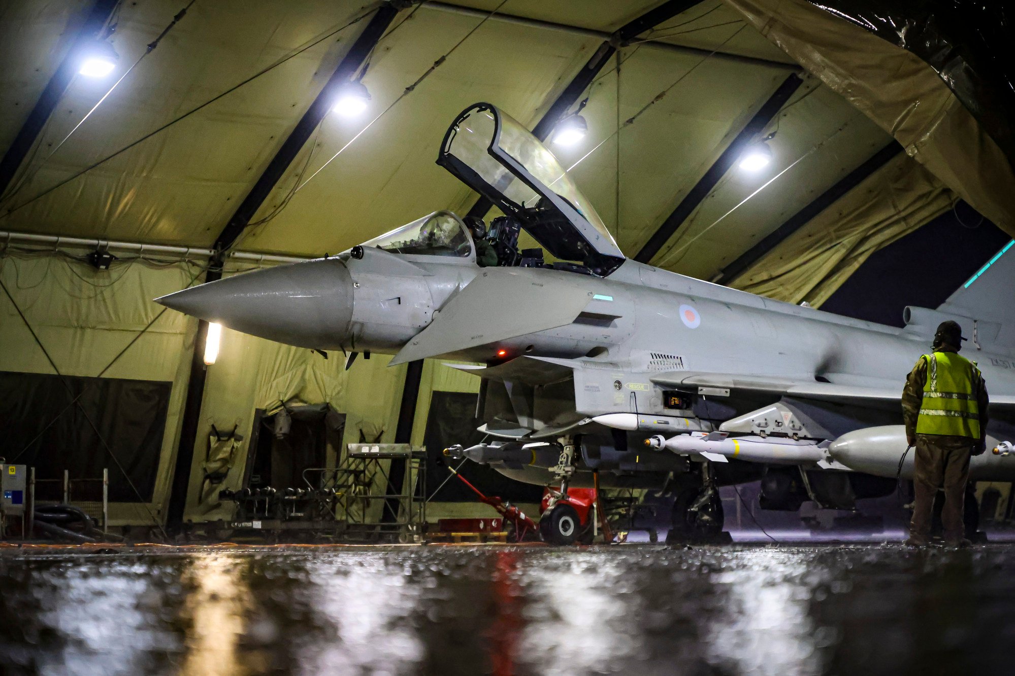 A Royal Air Force Typhoon FGR4 is prepared to take off to carry out air strikes against Houthi military targets in Yemen on Monday. Photo: UK Ministry of Defence via AP