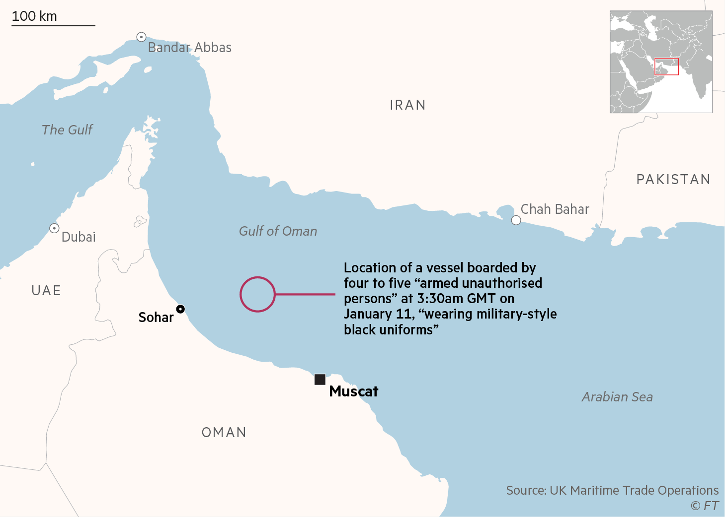 Map of the Gulf of Oman showing the location of a vessel boarded by four to five “armed unauthorised persons” at 3:30am GMT on January 11, “wearing military-style black uniforms”