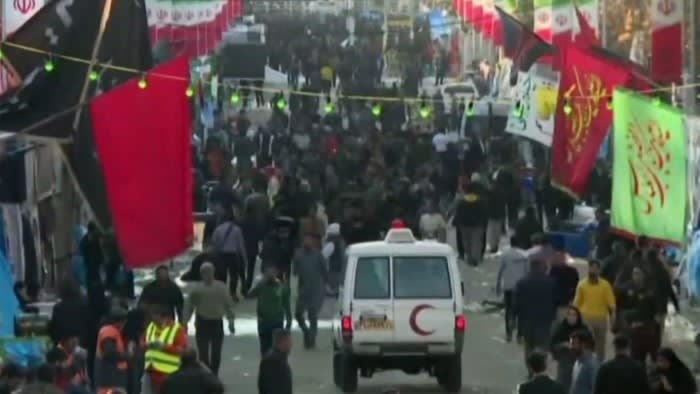 The aftermath of two explosions that struck a crowd attending a commemoration for the assassinated Revolutionary Guards leader Qassem Soleimani in Kerman on Wednesday
