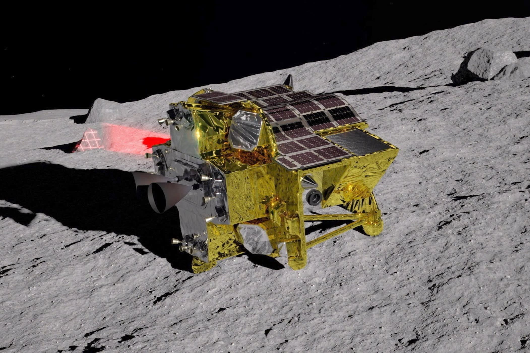 A computer-generated image of Space Lander for Investigating Moon (Slim) on the lunar surface