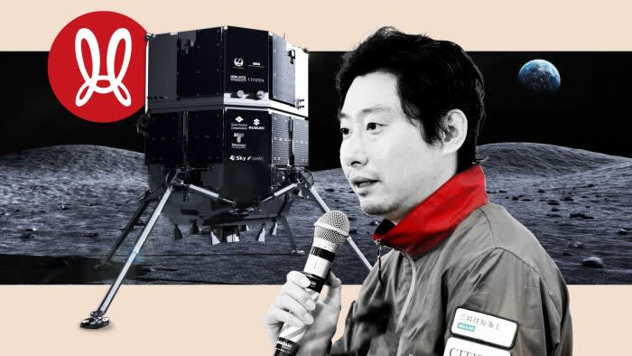 A rendering of the Hakuto-R lander, with the mission logo on the left and Takeshi Hakamada on the right