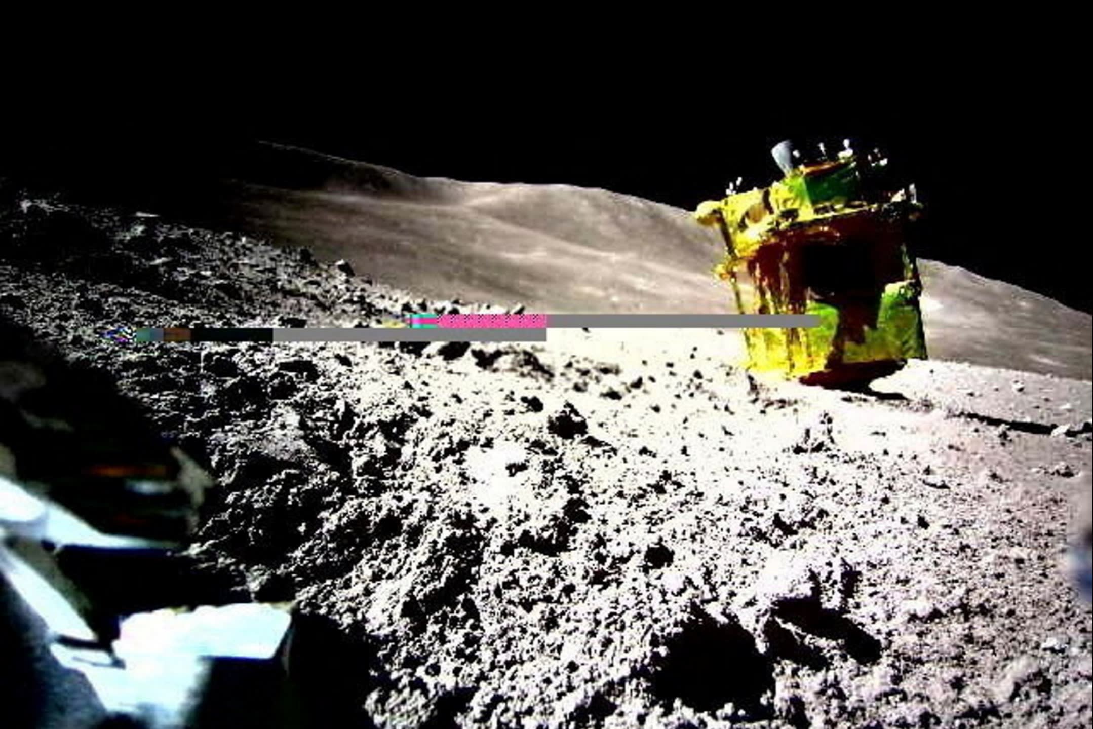 The Smart Lander for Investigating Moon, seen in an image taken by the Lunar Excursion Vehicle 2, landed upside-down on the Moon